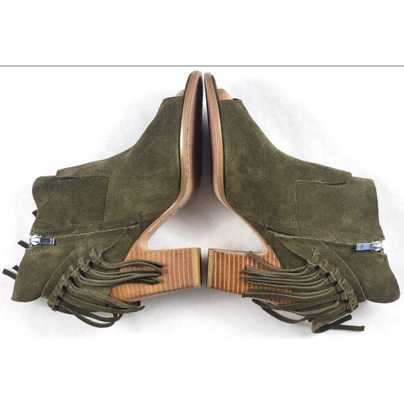 Marc Fisher Suede Fringe Open Toe Booties Women’s 9.5M Army Green Block Heel - Picture 3 of 14